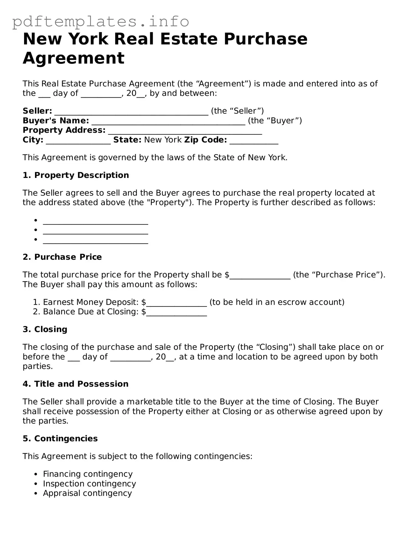 Blank Real Estate Purchase Agreement Form for New York State