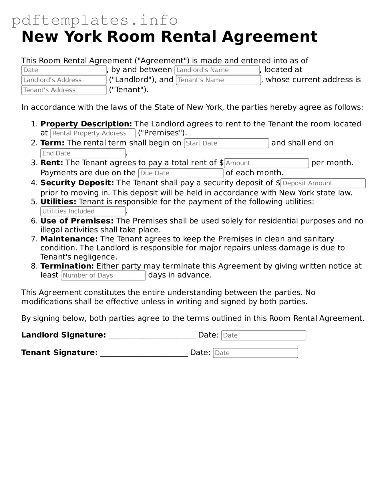 Blank Room Rental Agreement Form for New York State