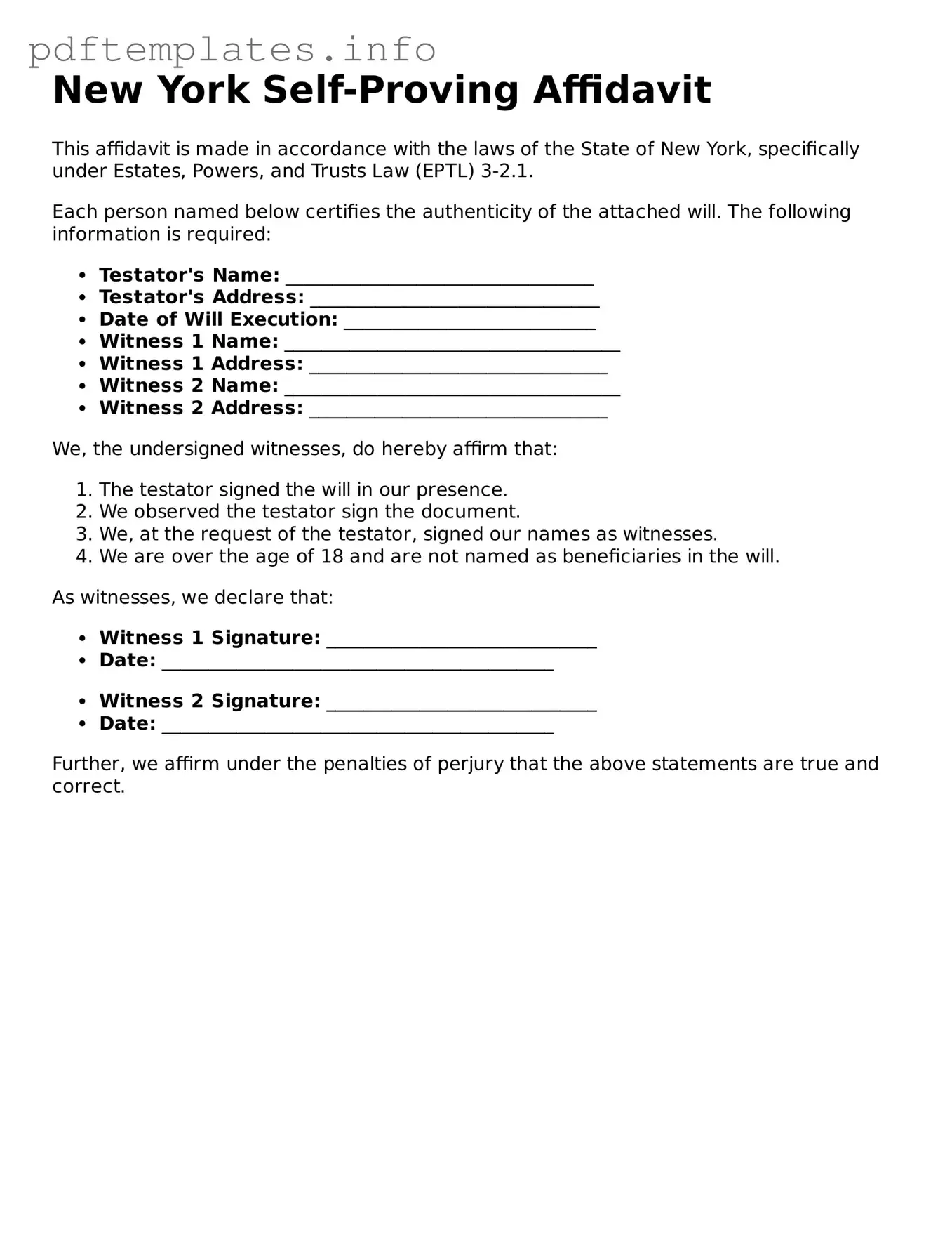 Blank Self-Proving Affidavit Form for New York State