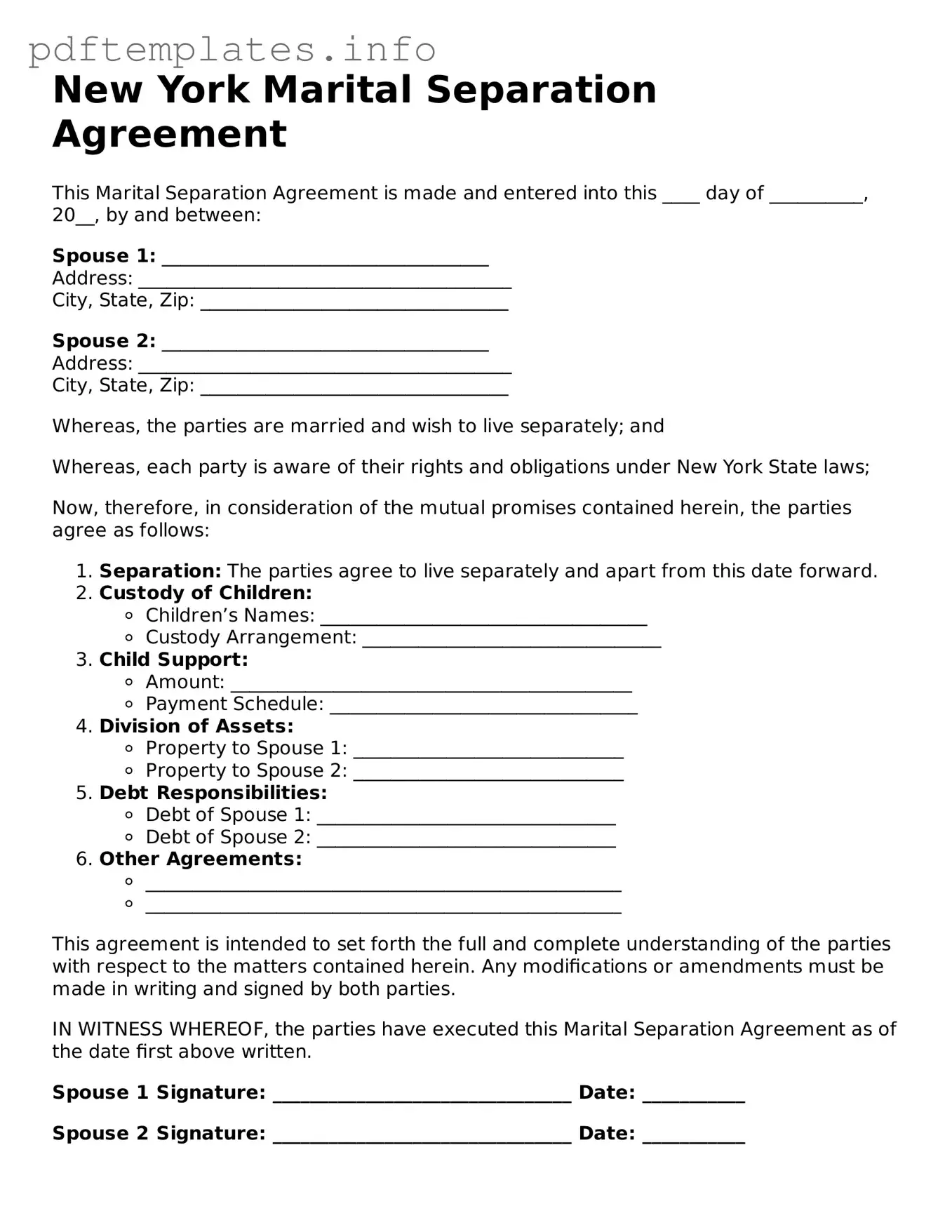 Blank Marital Separation Agreement Form for New York State