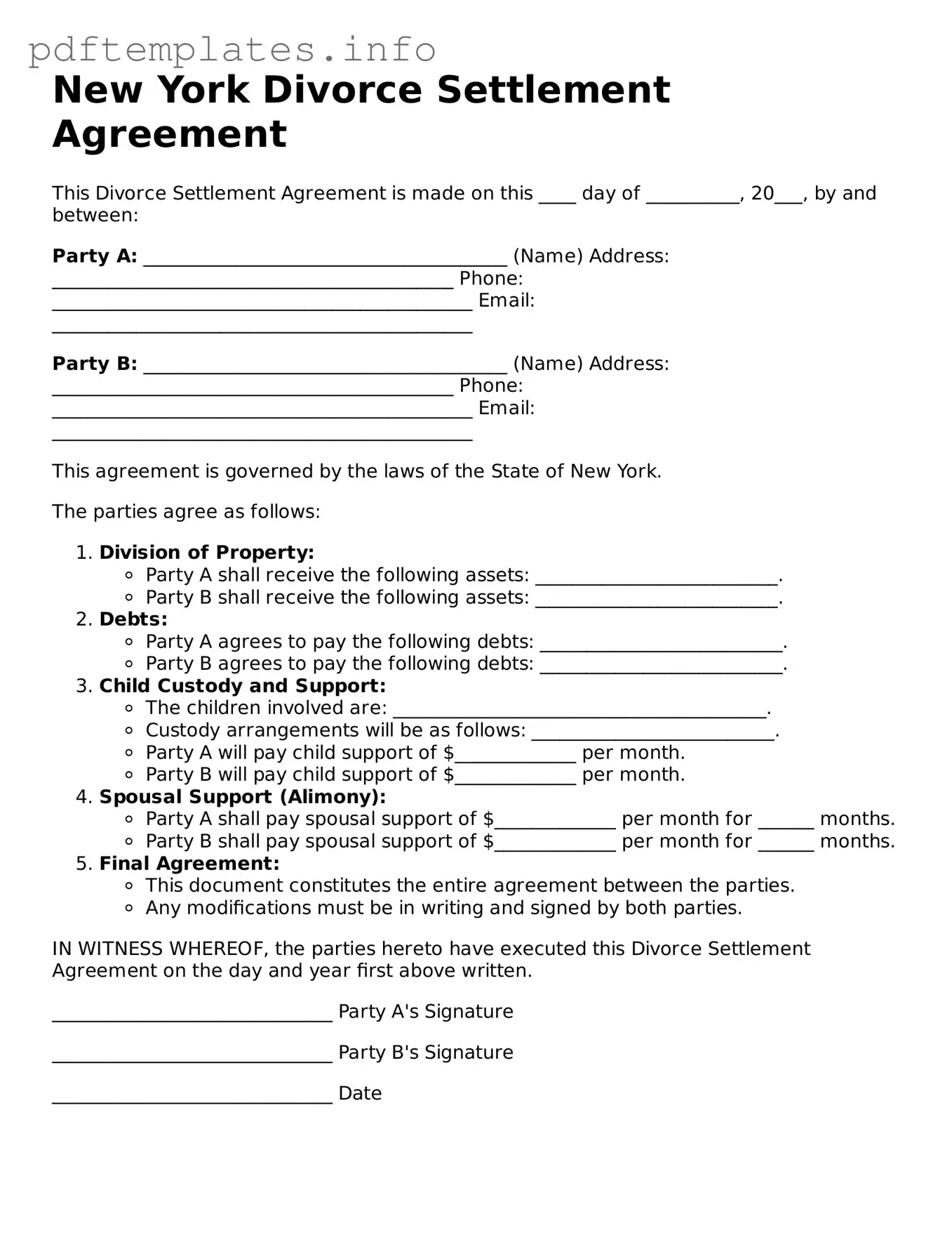 Blank Divorce Settlement Agreement Form for New York State