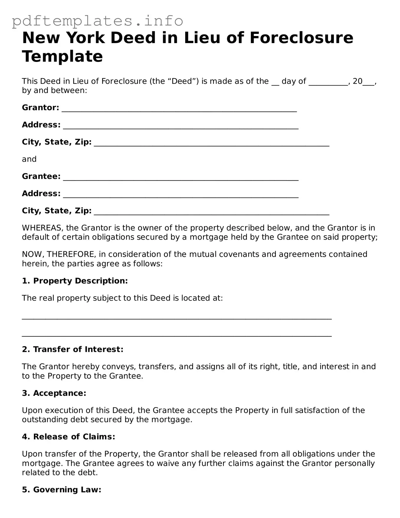 Blank Deed in Lieu of Foreclosure Form for New York State