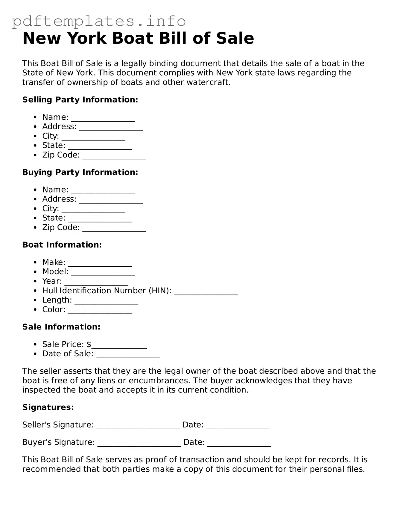 Blank Boat Bill of Sale Form for New York State