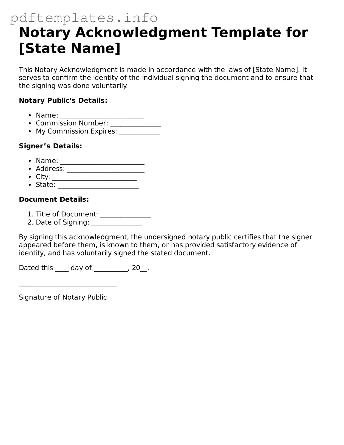 Printable Notary Acknowledgement Form