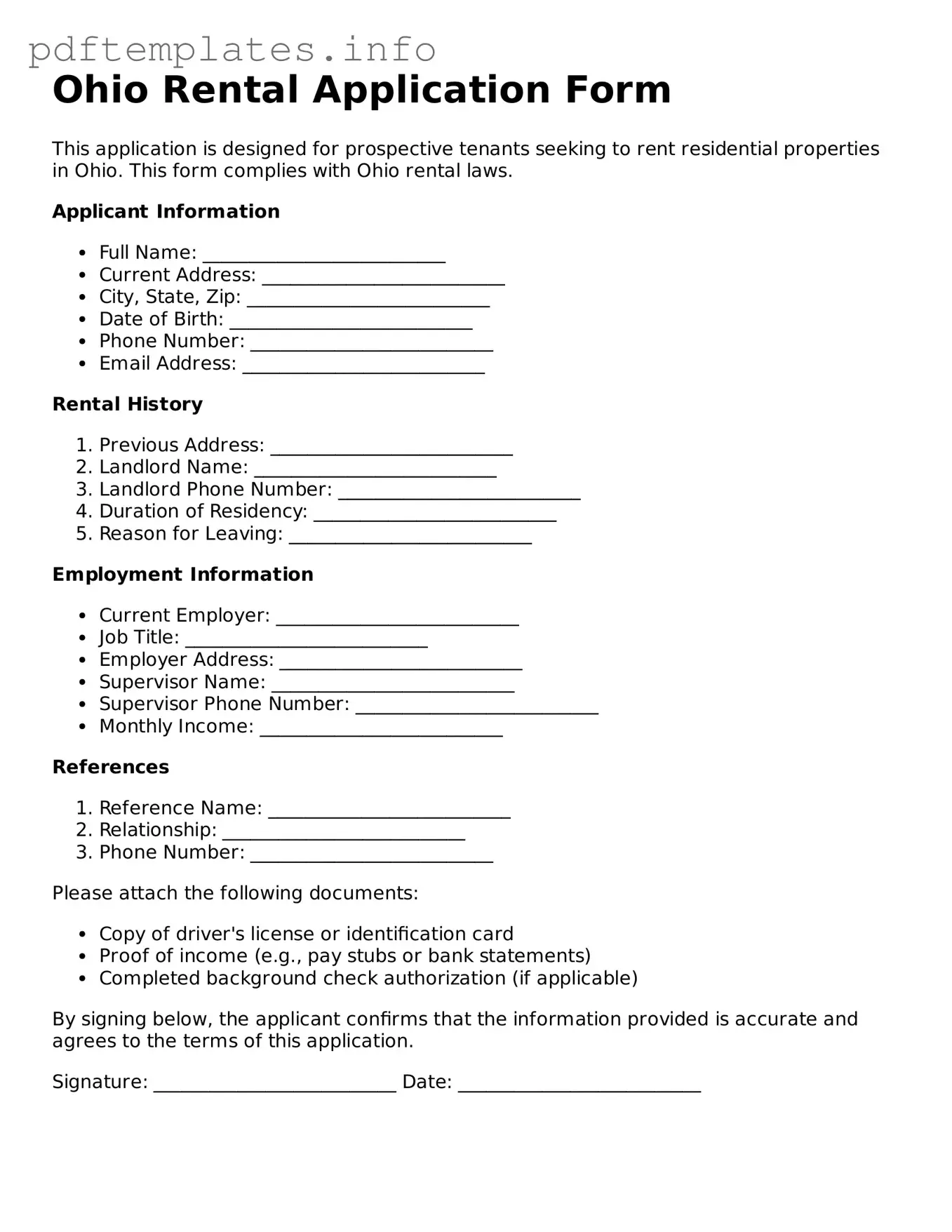 Blank Rental Application Form for Ohio State