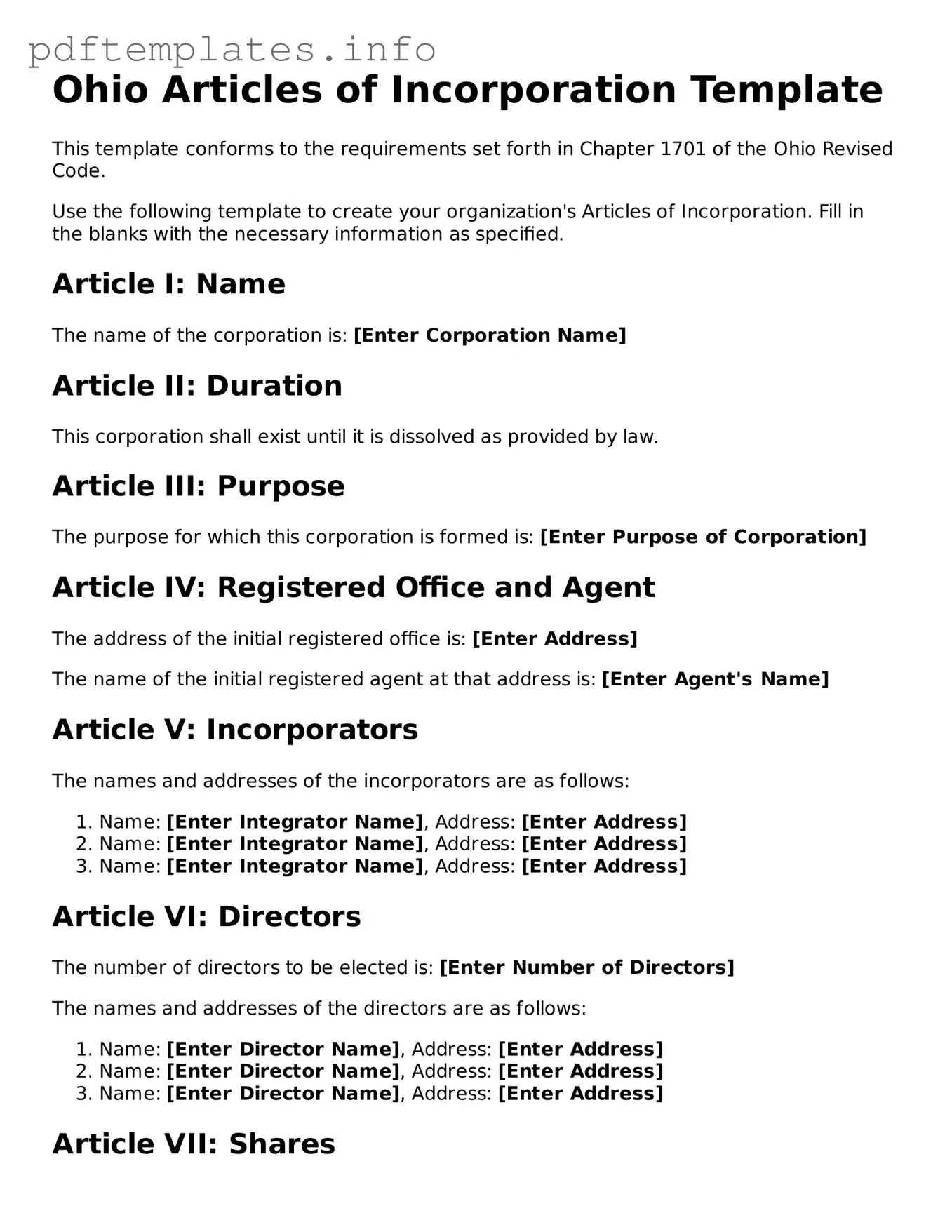 Blank Articles of Incorporation Form for Ohio State