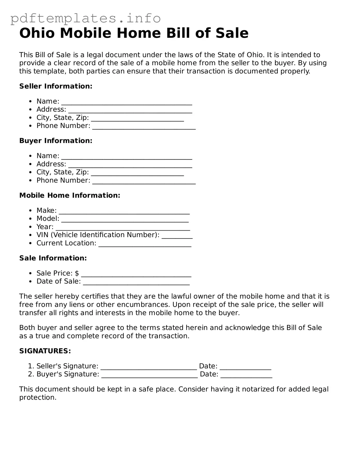 Blank Mobile Home Bill of Sale Form for Ohio State