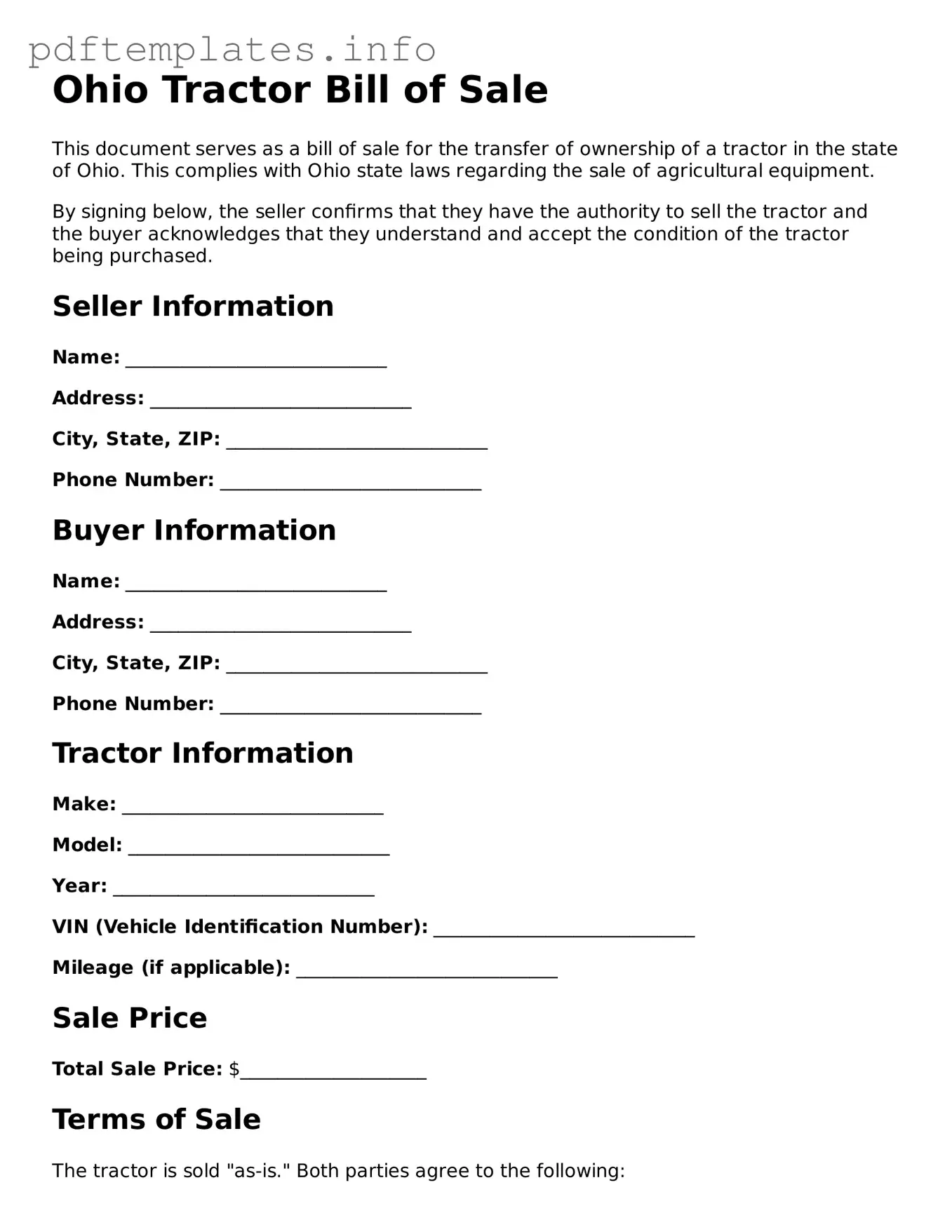 Blank Tractor Bill of Sale Form for Ohio State