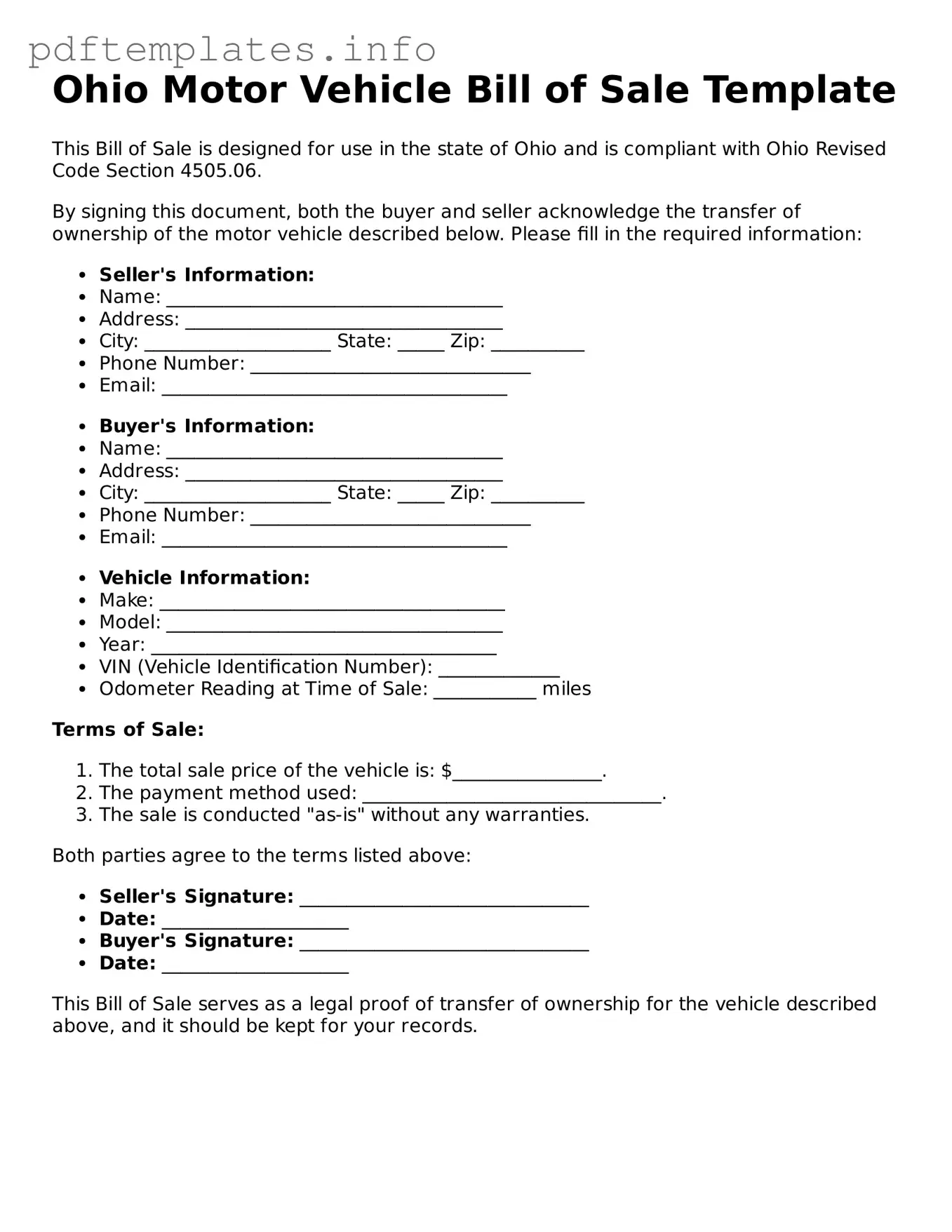 Blank Motor Vehicle Bill of Sale Form for Ohio State