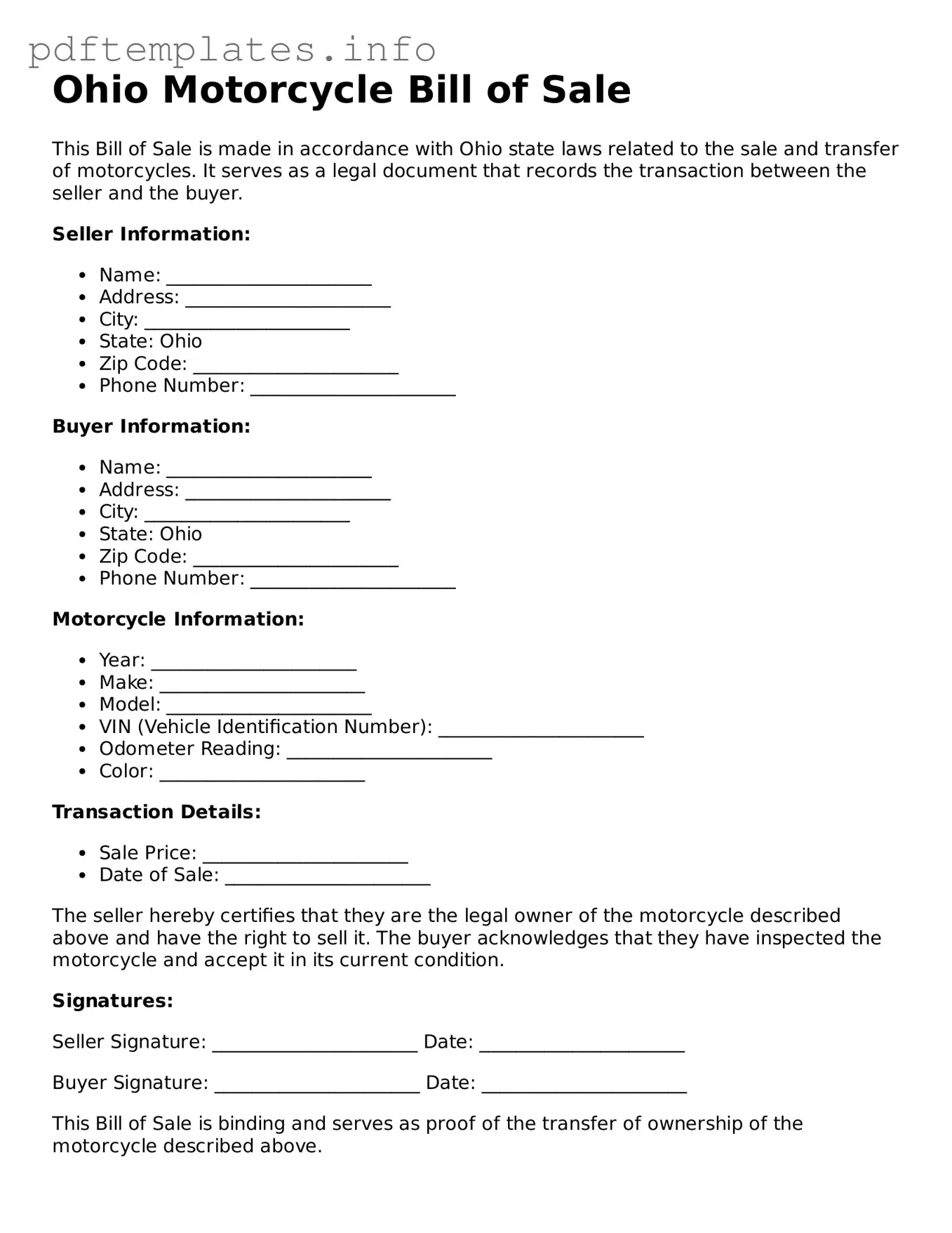 Blank Motorcycle Bill of Sale Form for Ohio State