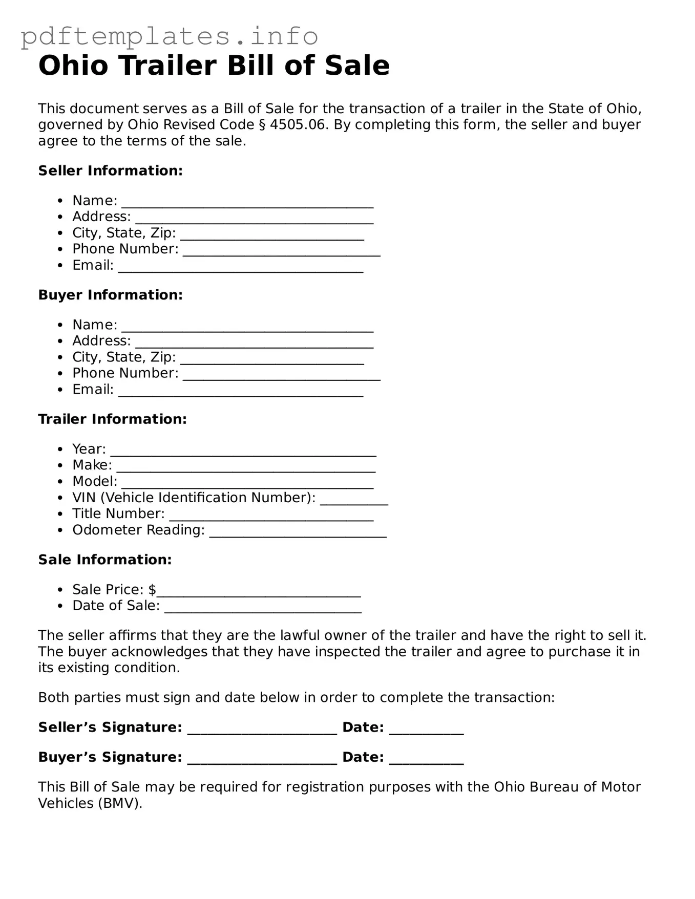 Blank Trailer Bill of Sale Form for Ohio State