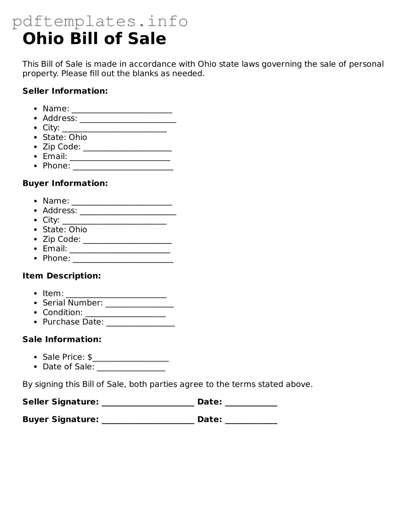 Blank Bill of Sale Form for Ohio State