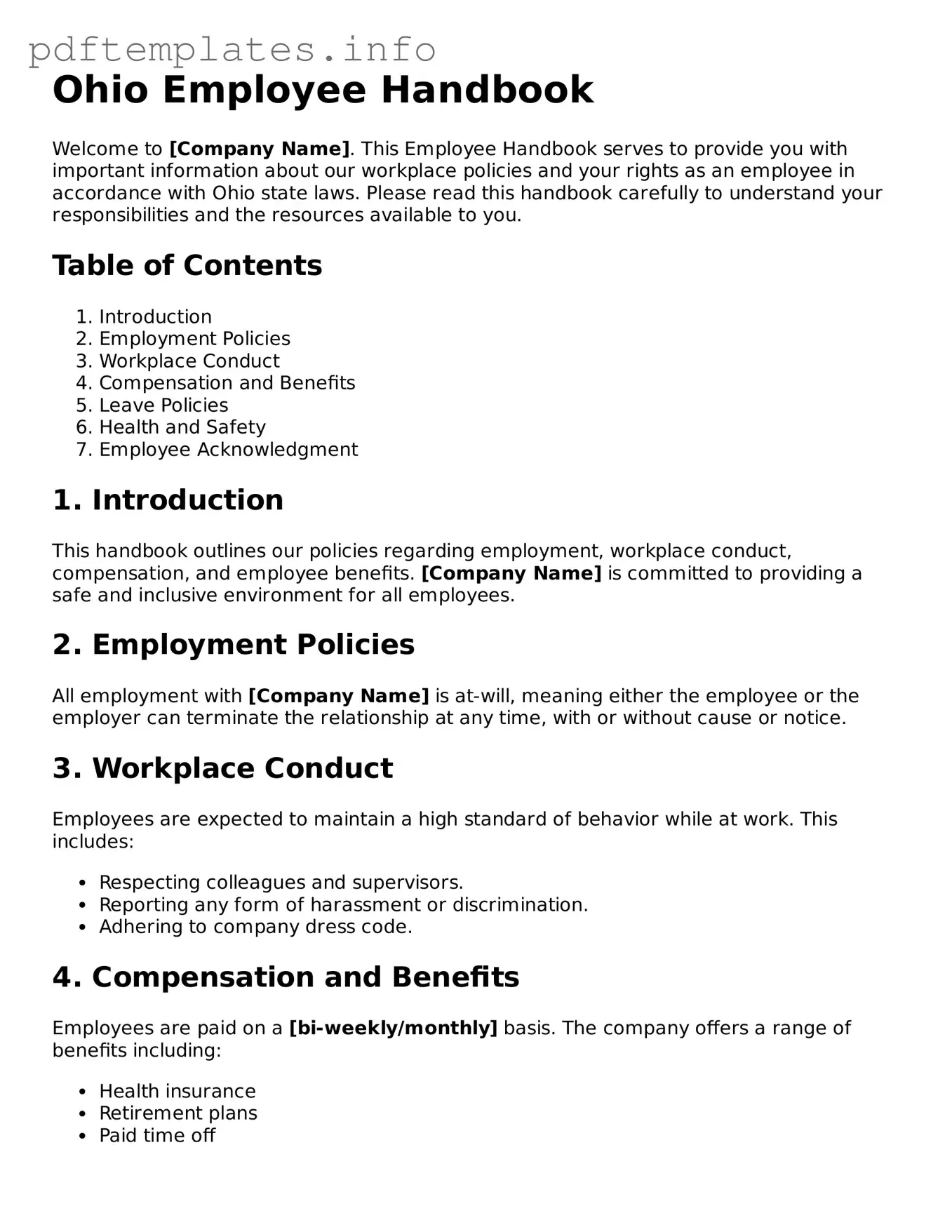 Blank Employee Handbook Form for Ohio State