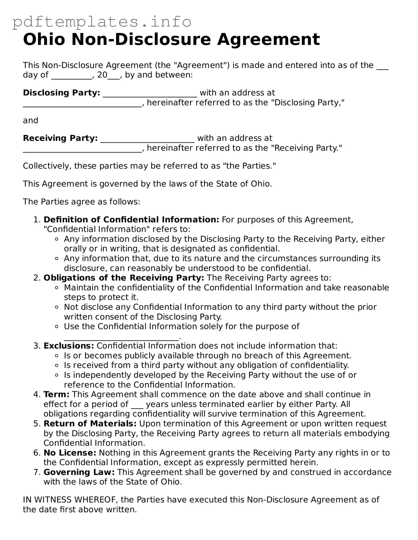 Blank Non-disclosure Agreement Form for Ohio State