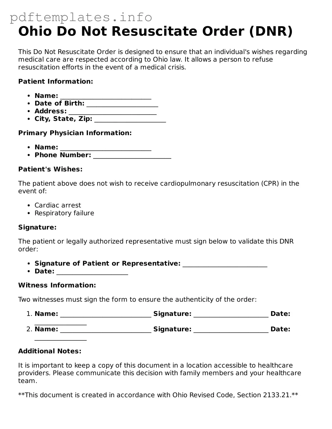 Blank Do Not Resuscitate Order Form for Ohio State