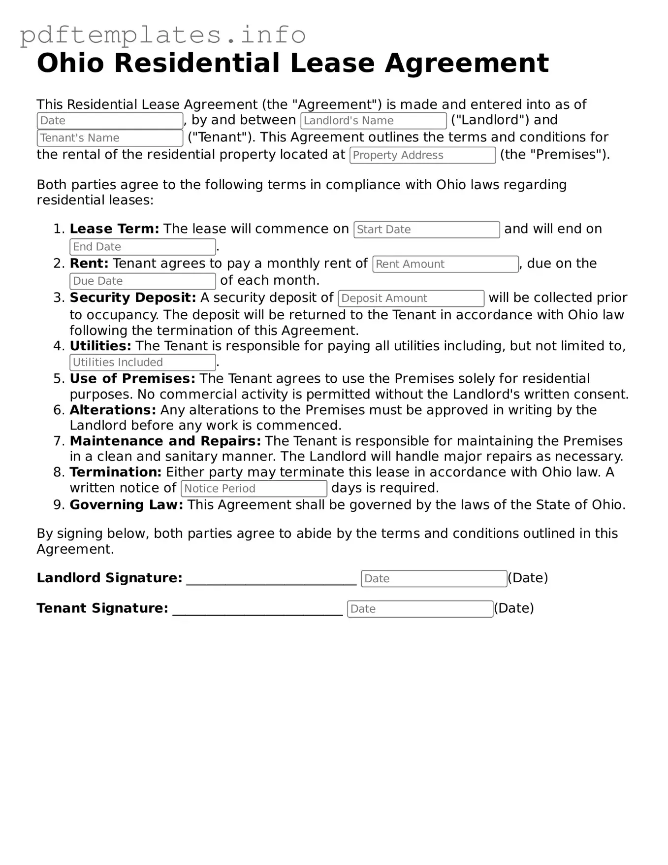 Blank Residential Lease Agreement Form for Ohio State