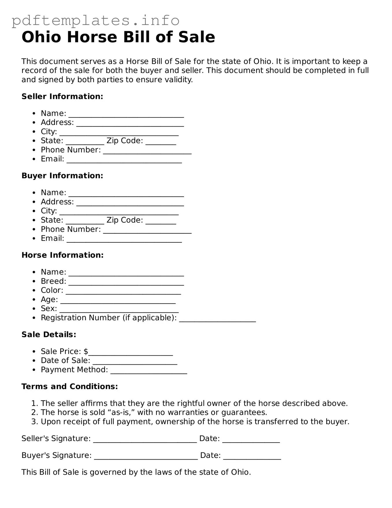 Blank Horse Bill of Sale Form for Ohio State