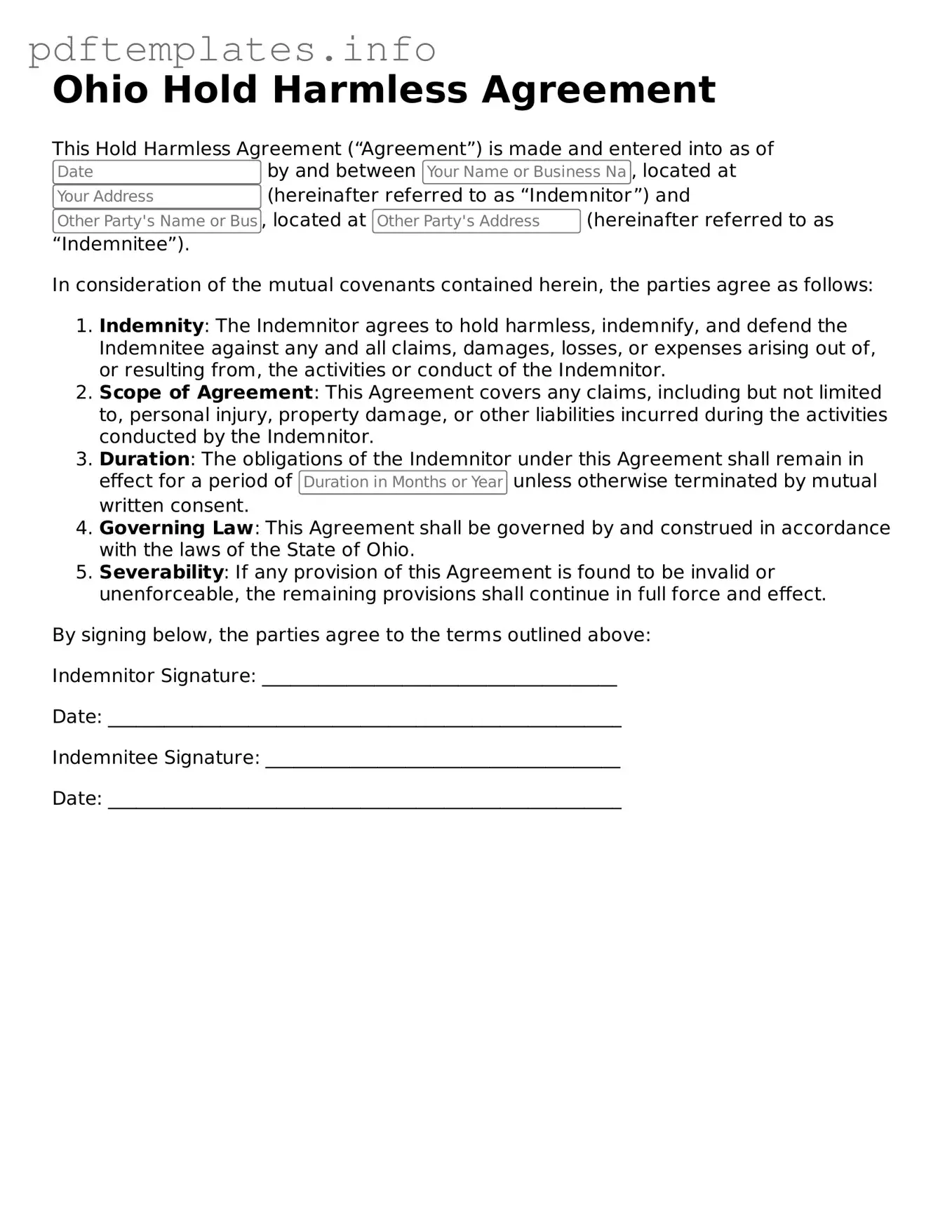 Blank Hold Harmless Agreement Form for Ohio State