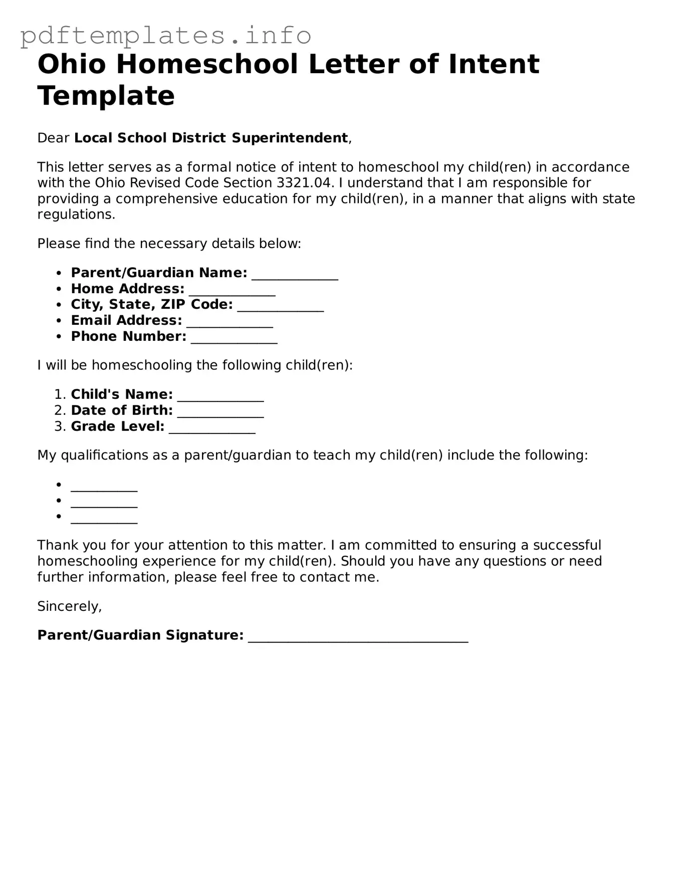 Blank Homeschool Letter of Intent Form for Ohio State