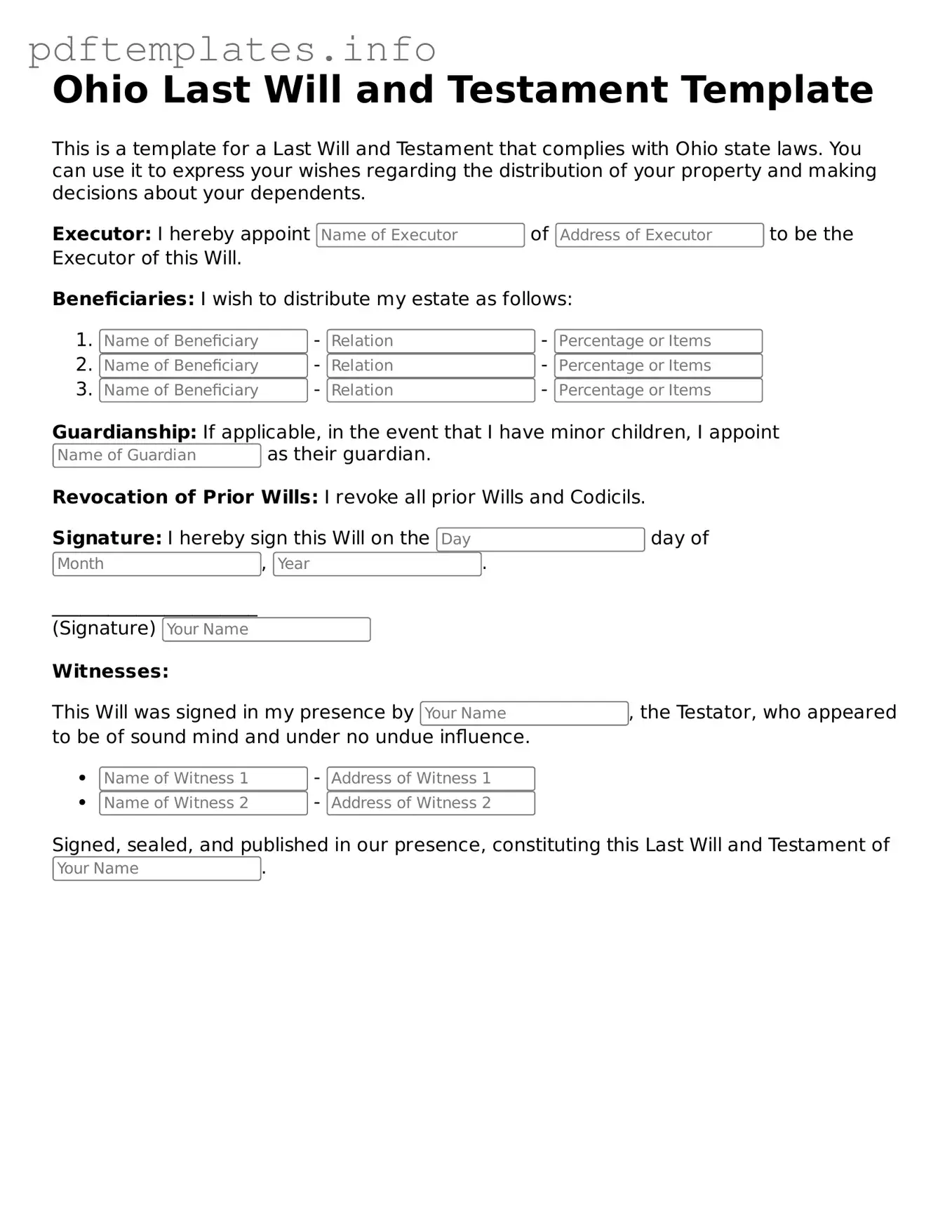 Blank Last Will and Testament Form for Ohio State
