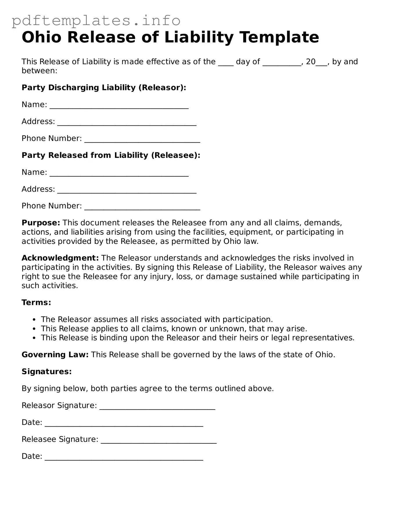 Blank Release of Liability Form for Ohio State