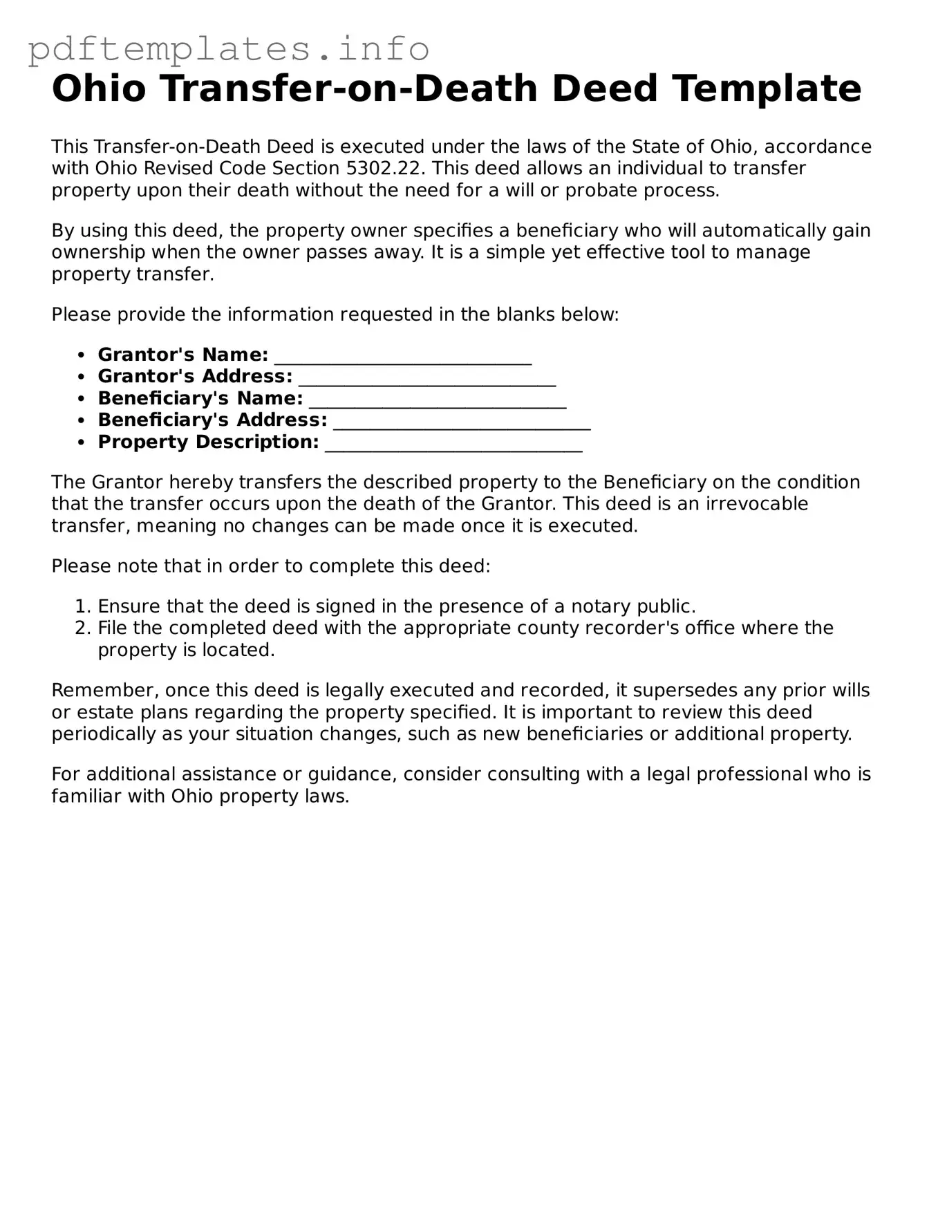 Blank Transfer-on-Death Deed Form for Ohio State