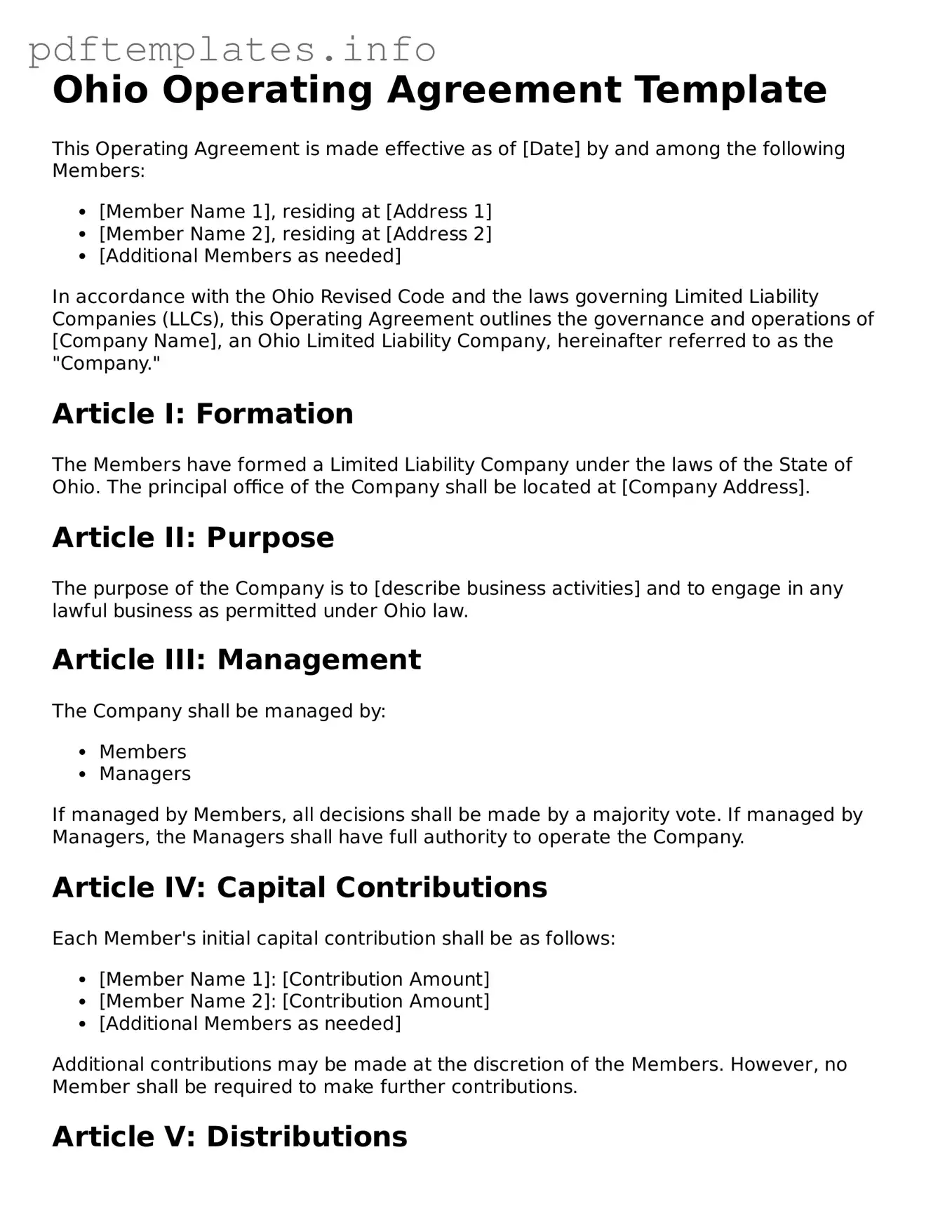 Blank Operating Agreement Form for Ohio State