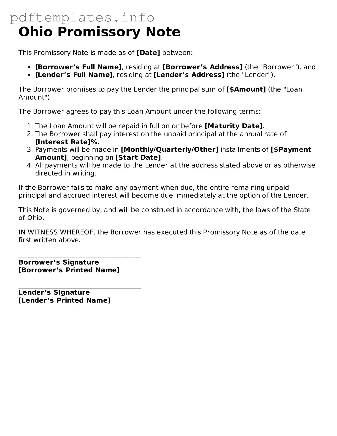 Blank Promissory Note Form for Ohio State