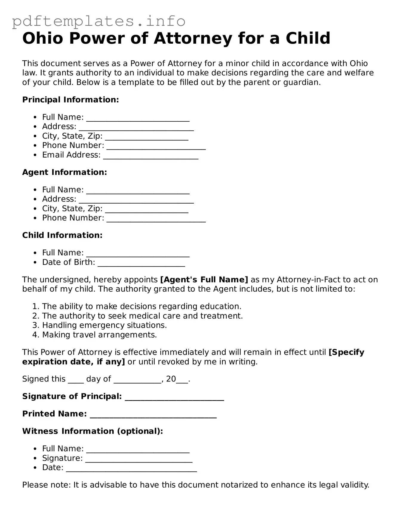 Blank Power of Attorney for a Child Form for Ohio State