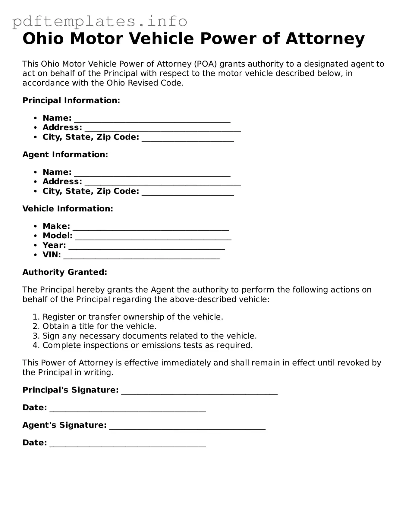 Blank Motor Vehicle Power of Attorney Form for Ohio State