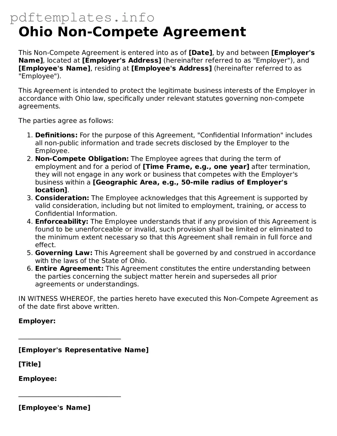 Blank Non-compete Agreement Form for Ohio State