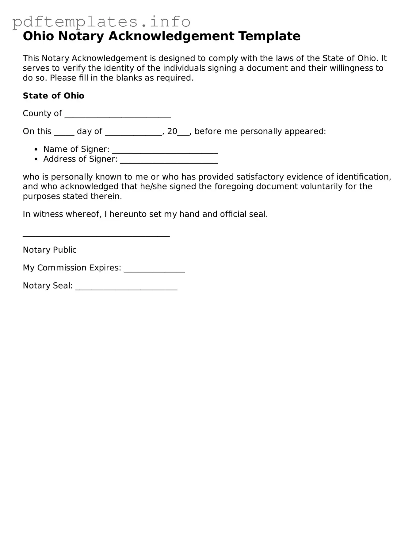 Blank Notary Acknowledgement Form for Ohio State