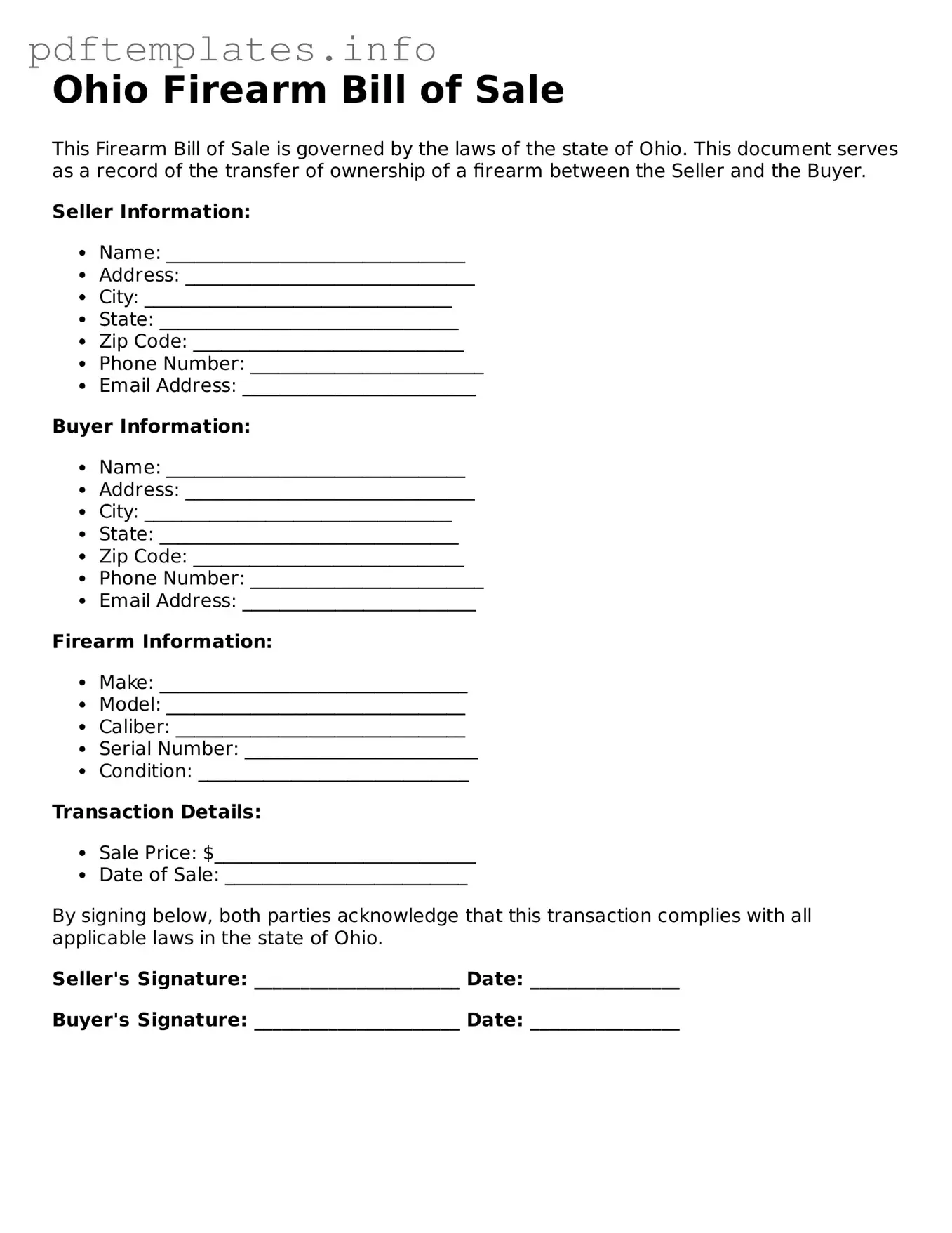 Blank Firearm Bill of Sale Form for Ohio State