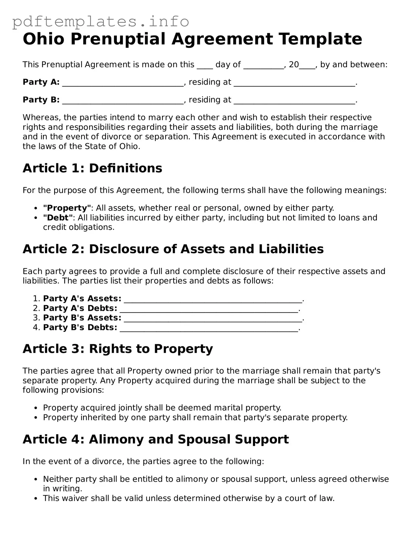 Blank Prenuptial Agreement Form for Ohio State
