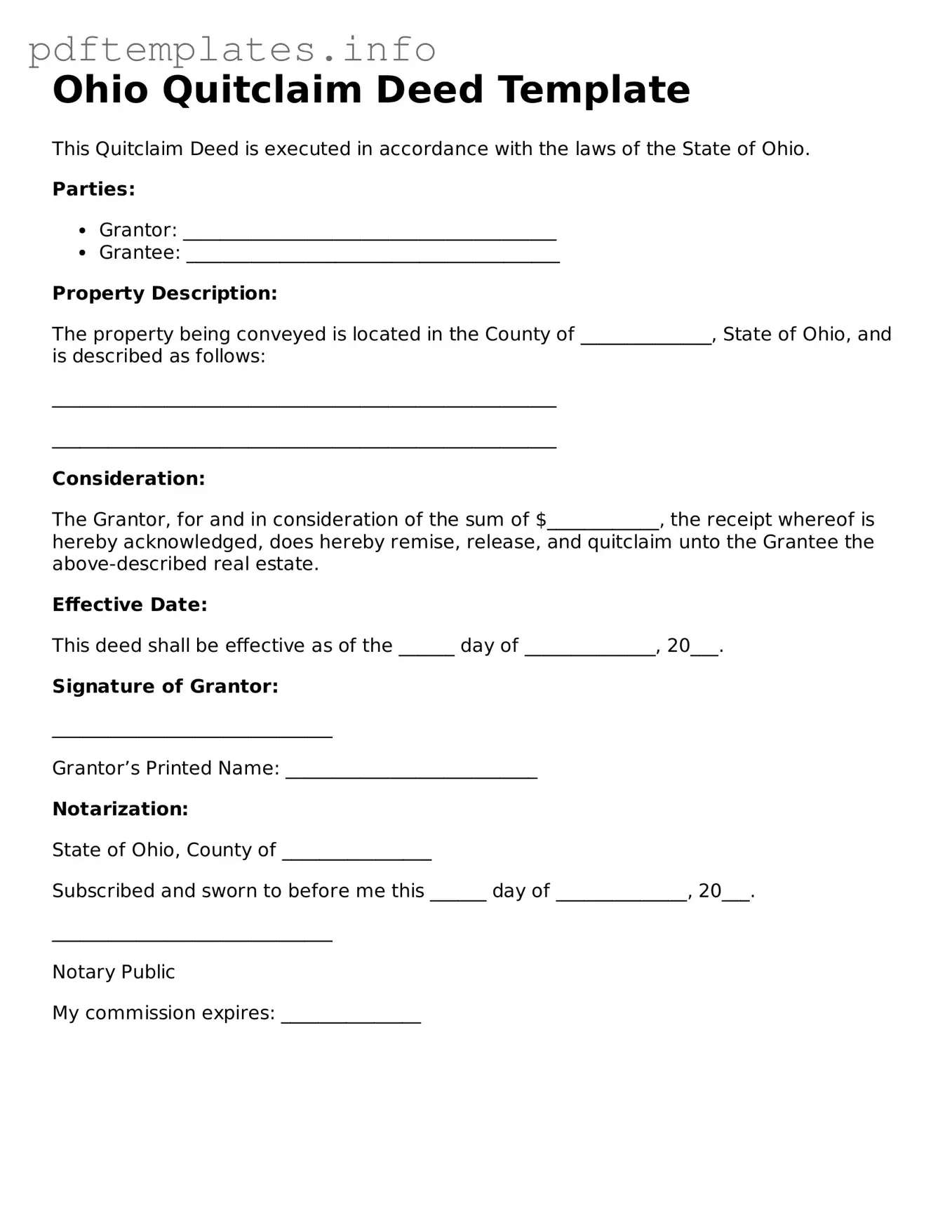 Blank Quitclaim Deed Form for Ohio State