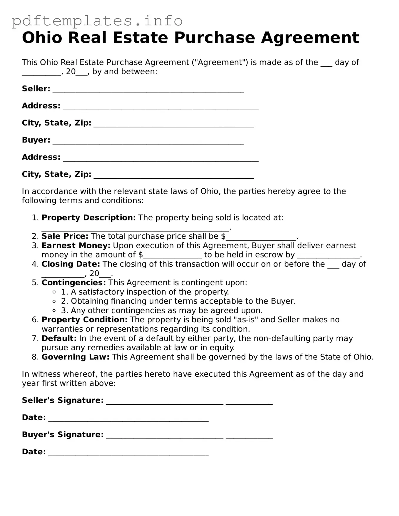 Blank Real Estate Purchase Agreement Form for Ohio State