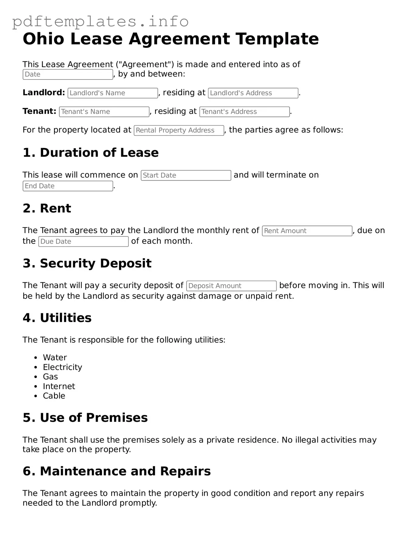 Blank Lease Agreement Form for Ohio State