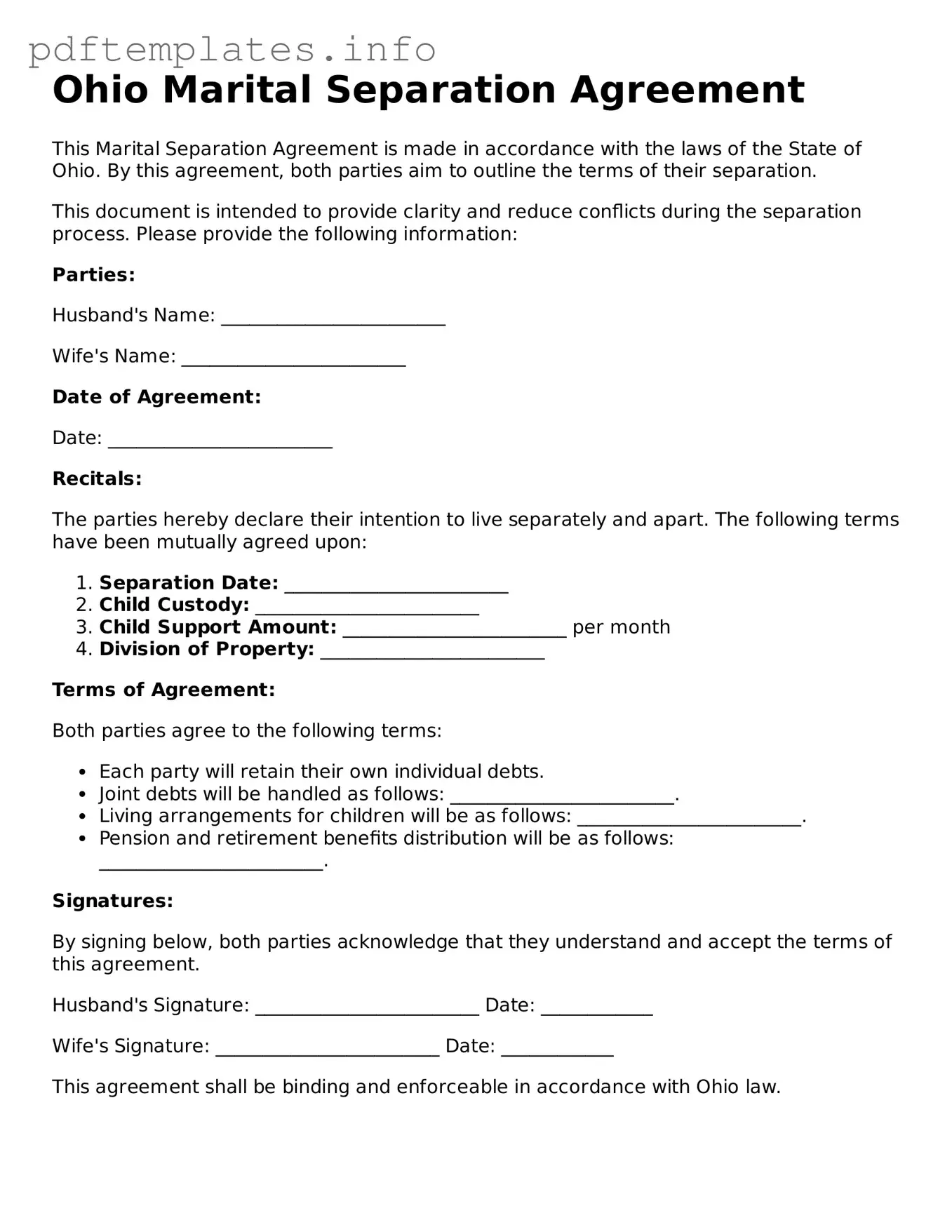Blank Marital Separation Agreement Form for Ohio State