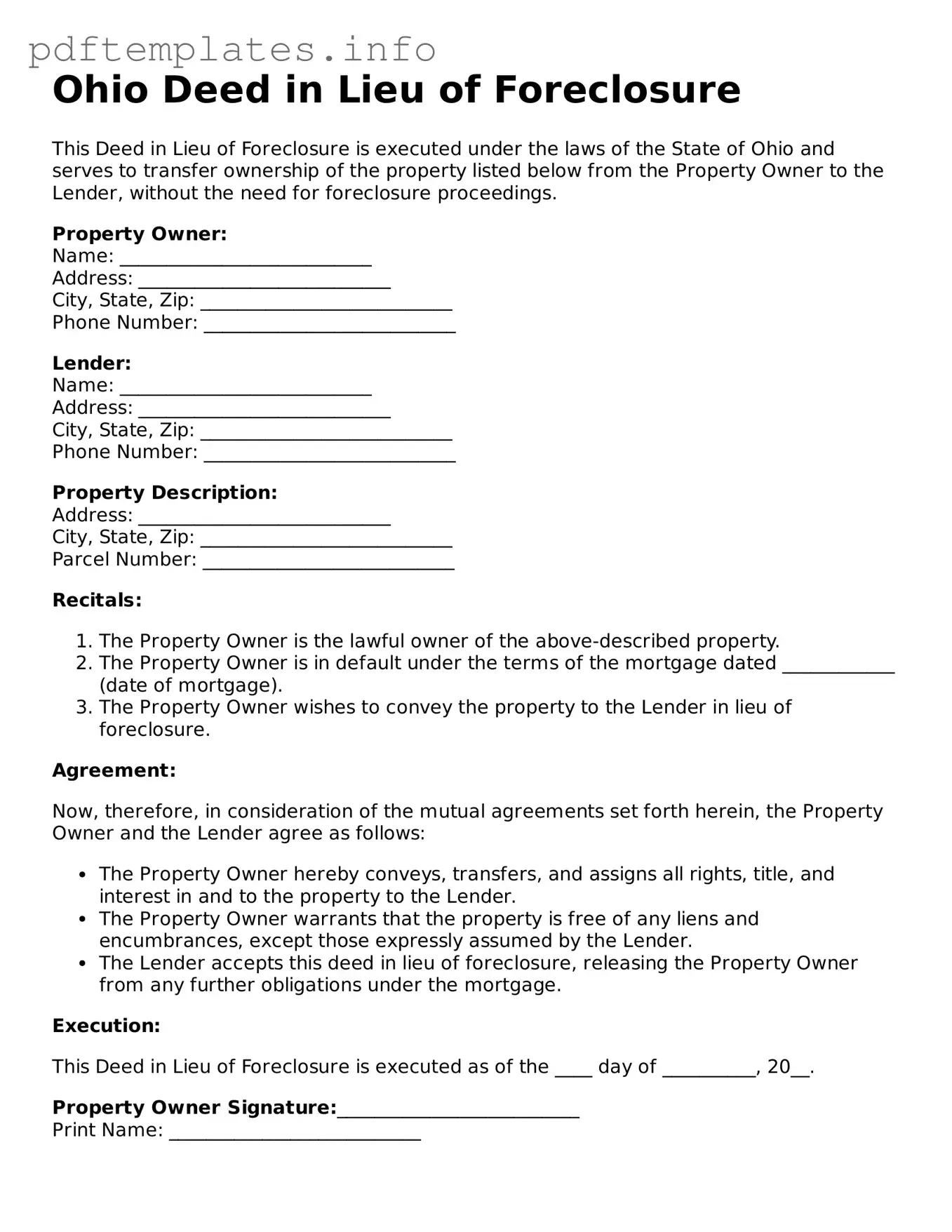 Blank Deed in Lieu of Foreclosure Form for Ohio State