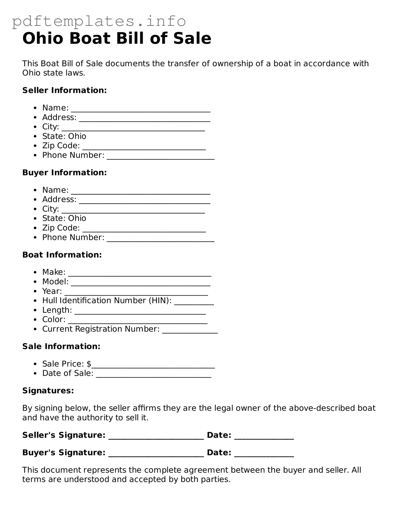 Blank Boat Bill of Sale Form for Ohio State