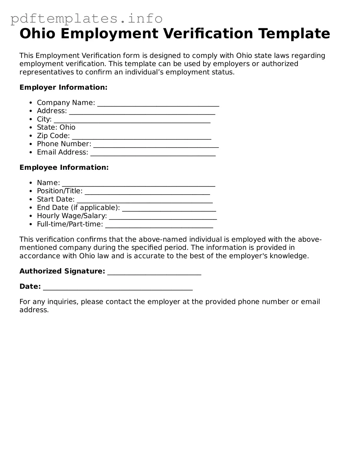 Blank Employment Verification Form for Ohio State