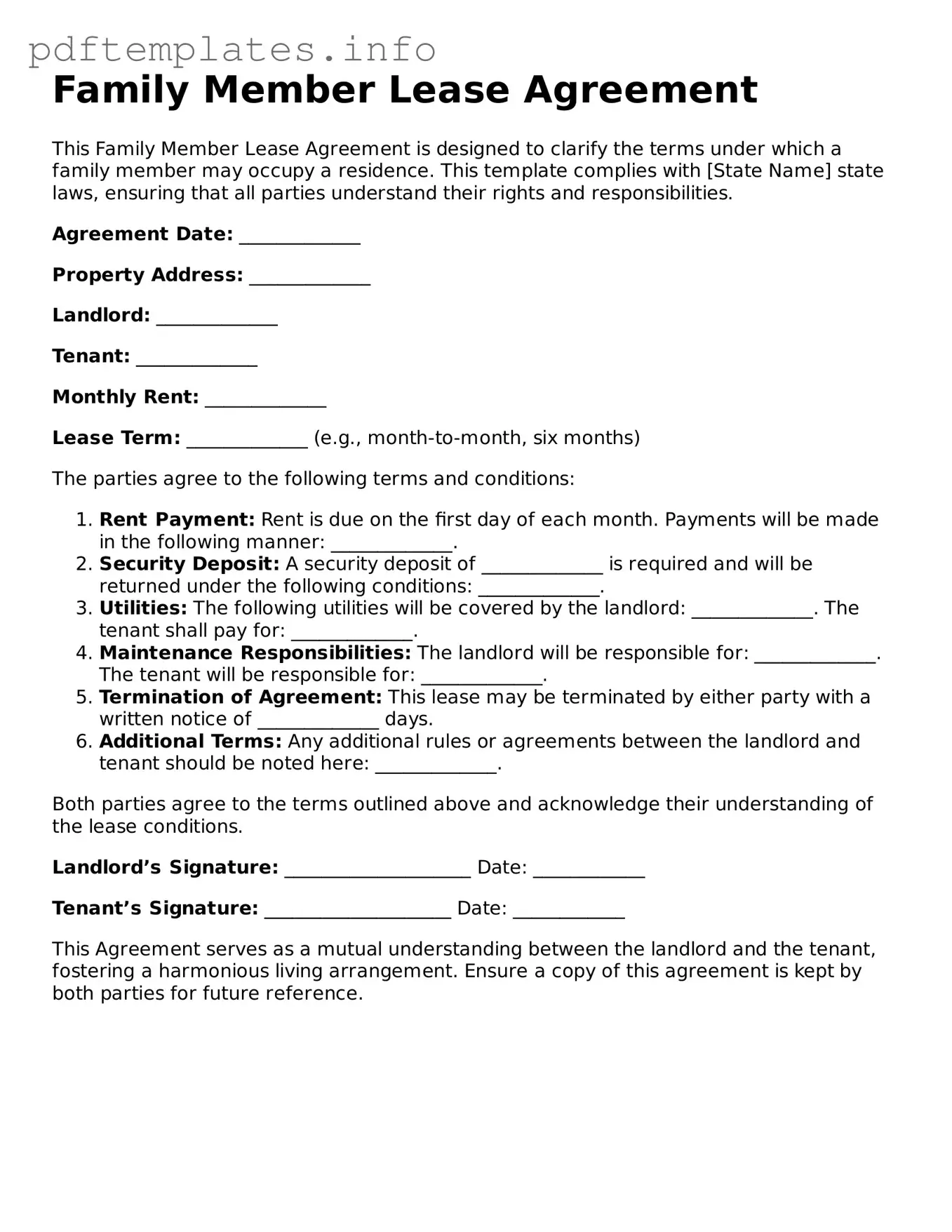 Printable Family Member Lease Agreement Form