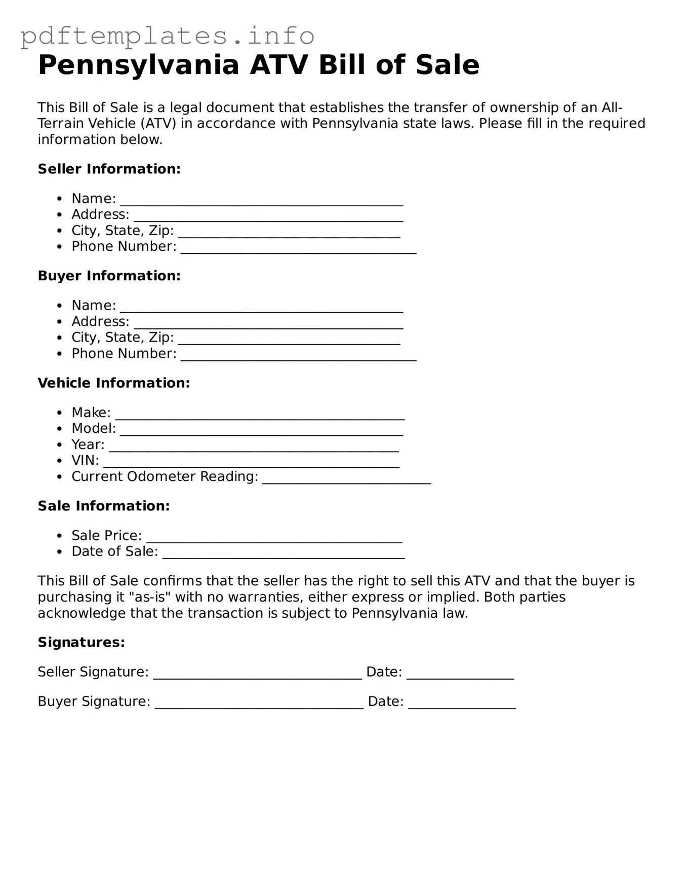 Blank ATV Bill of Sale Form for Pennsylvania State
