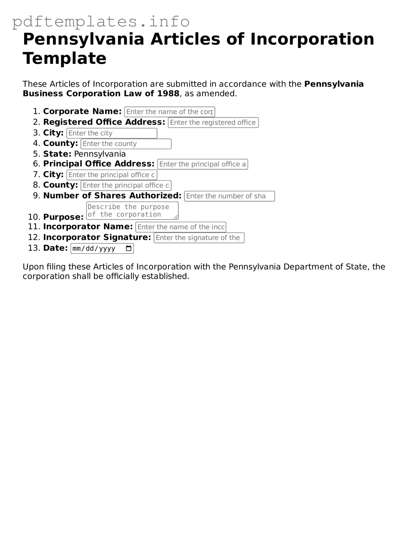 Blank Articles of Incorporation Form for Pennsylvania State