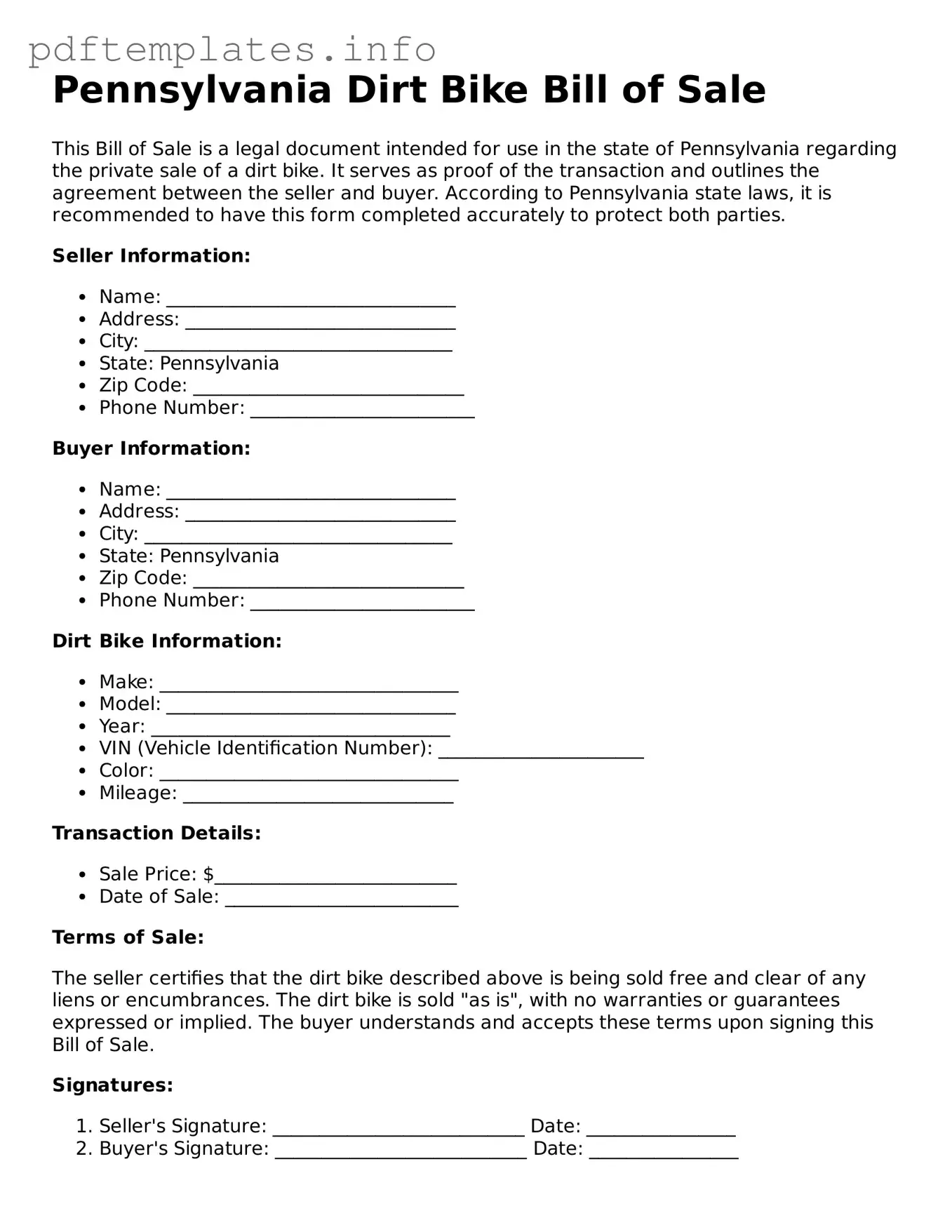 Blank Dirt Bike Bill of Sale Form for Pennsylvania State