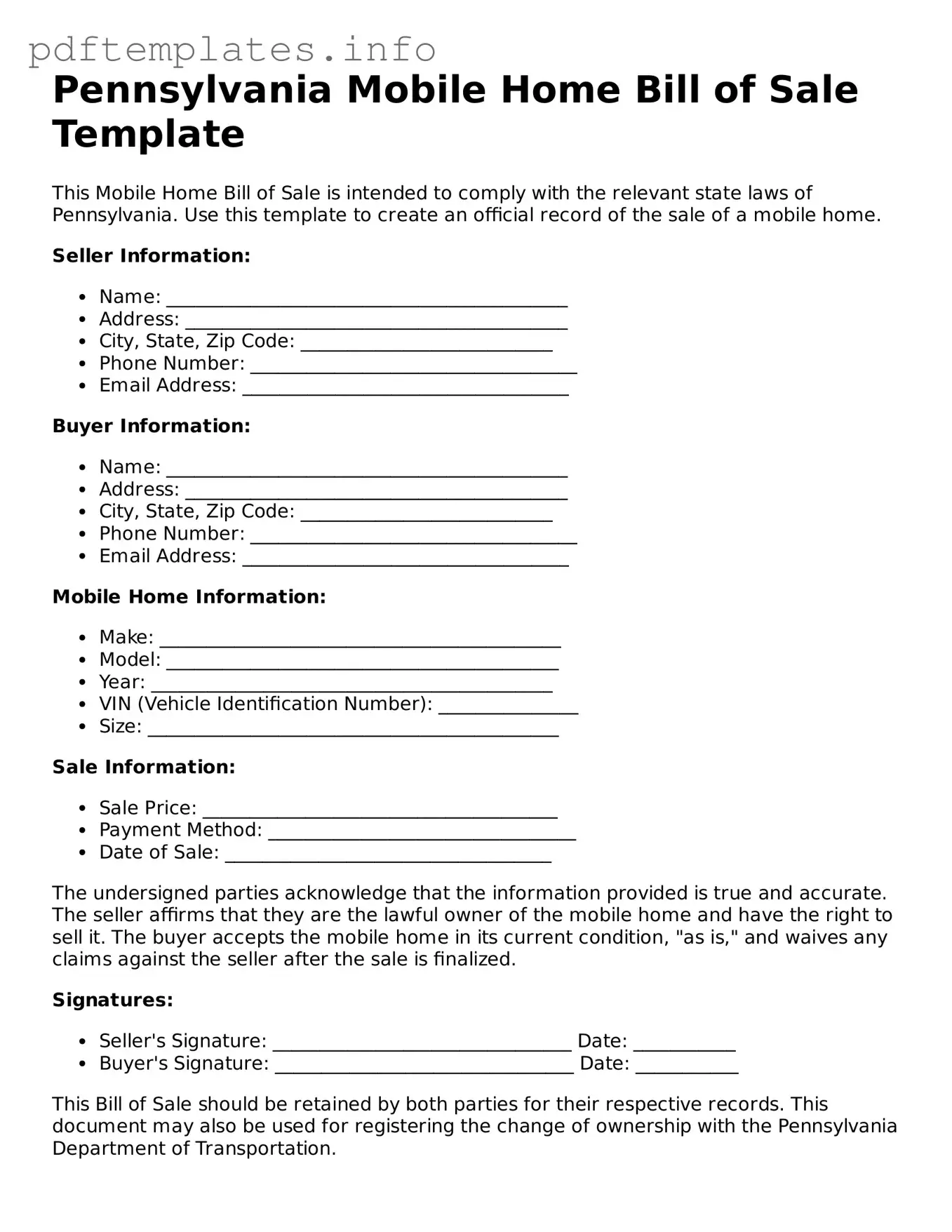 Blank Mobile Home Bill of Sale Form for Pennsylvania State
