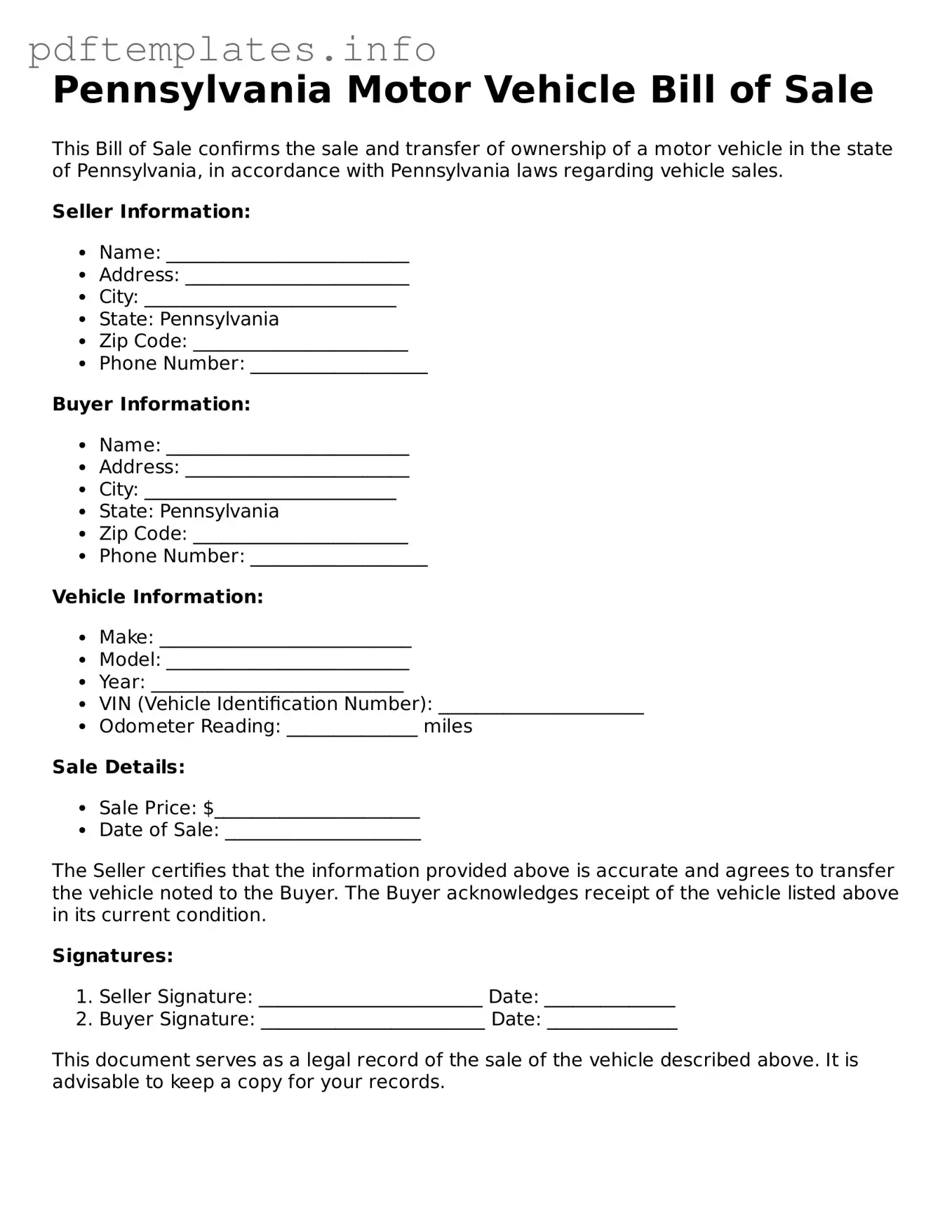 Blank Motor Vehicle Bill of Sale Form for Pennsylvania State