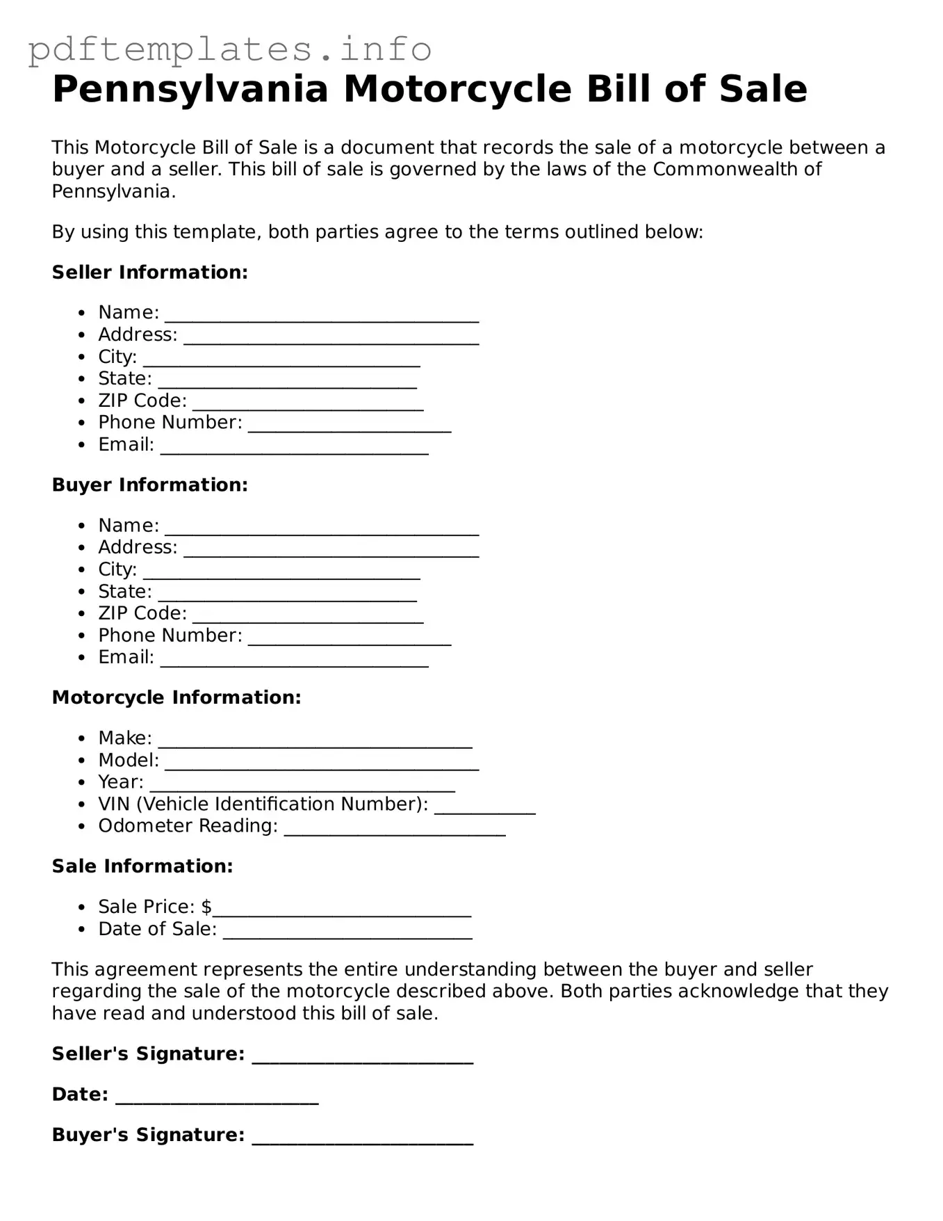 Blank Motorcycle Bill of Sale Form for Pennsylvania State