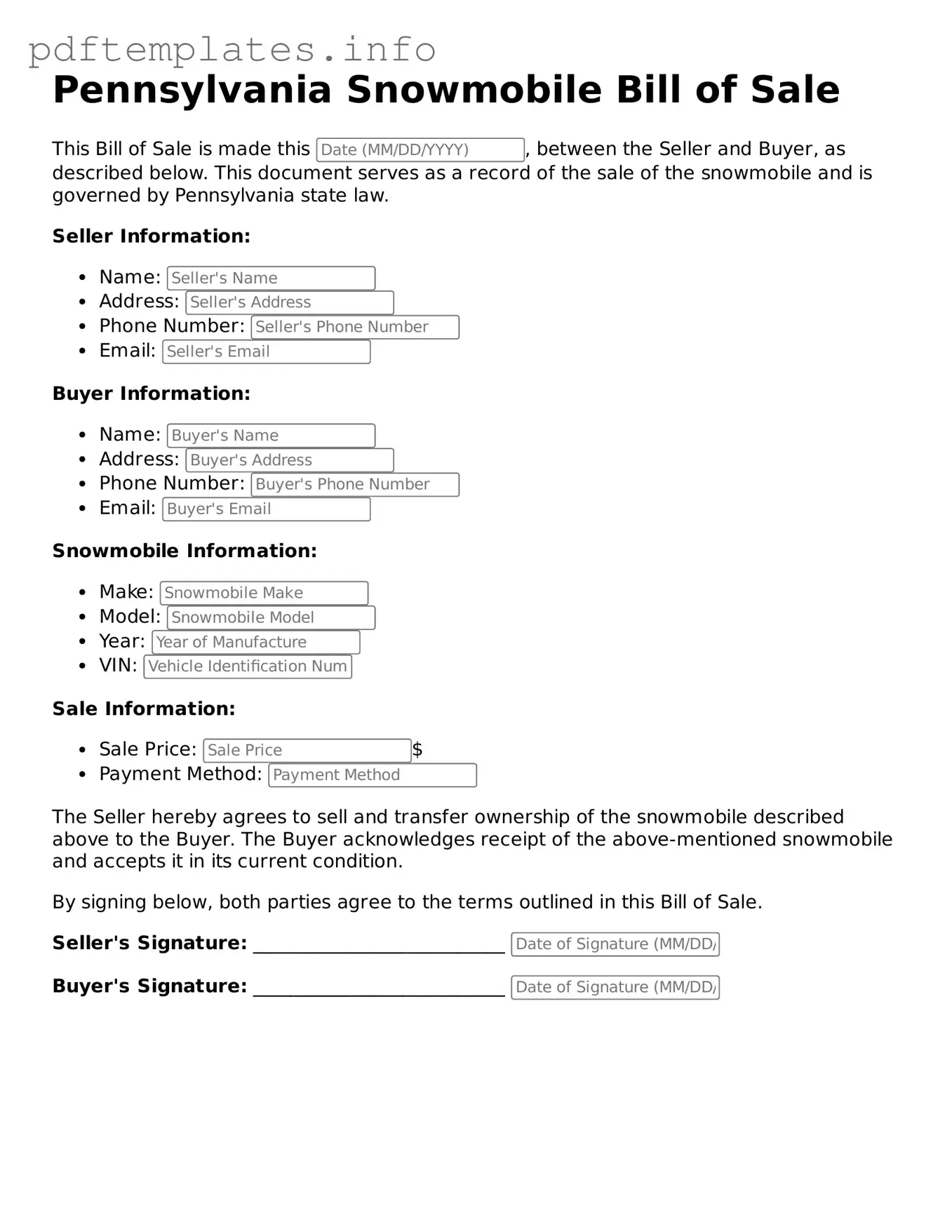 Blank Snowmobile Bill of Sale Form for Pennsylvania State