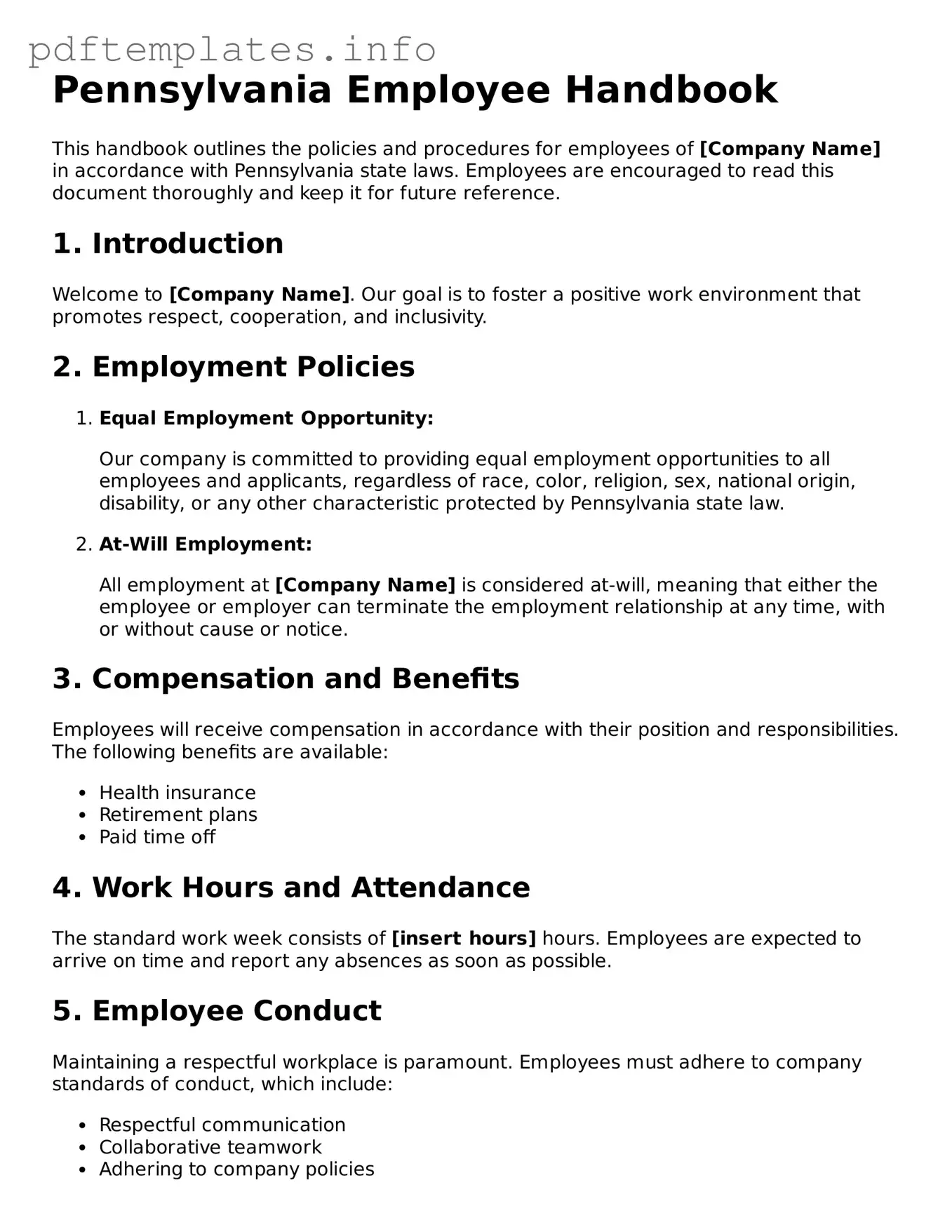 Blank Employee Handbook Form for Pennsylvania State